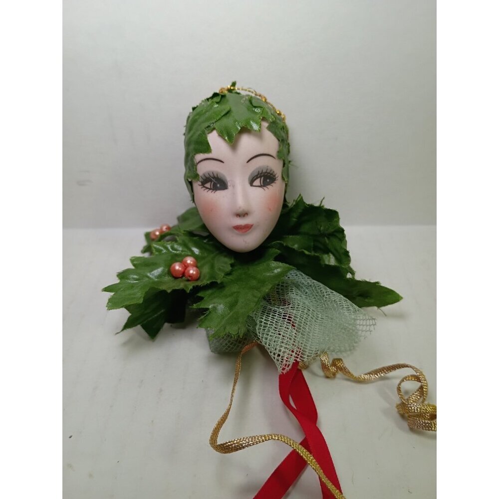 Whimsical Woodland Fairy Big Porcelain FacebChristmas Ornament Holly Magical